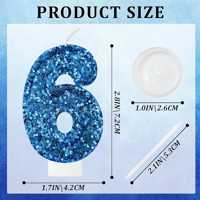 Zailo Birthday Number Candles, Glitter Number Candle Cake Decorations with Sequins, Cupcake Decorations for Girls, Women, Party Anniversary Celebrations (Number 6, Blue)