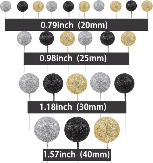 30Pcs Glitter Balls Cake Topper Mini Balloons Cupcake Topper DIY Cake Insert Topper Foam Cake Balls Baking Decoration for Baby Shower Wedding Anniversary Kids Birthday Graduation Party Cake Decorations Gold Black Silver