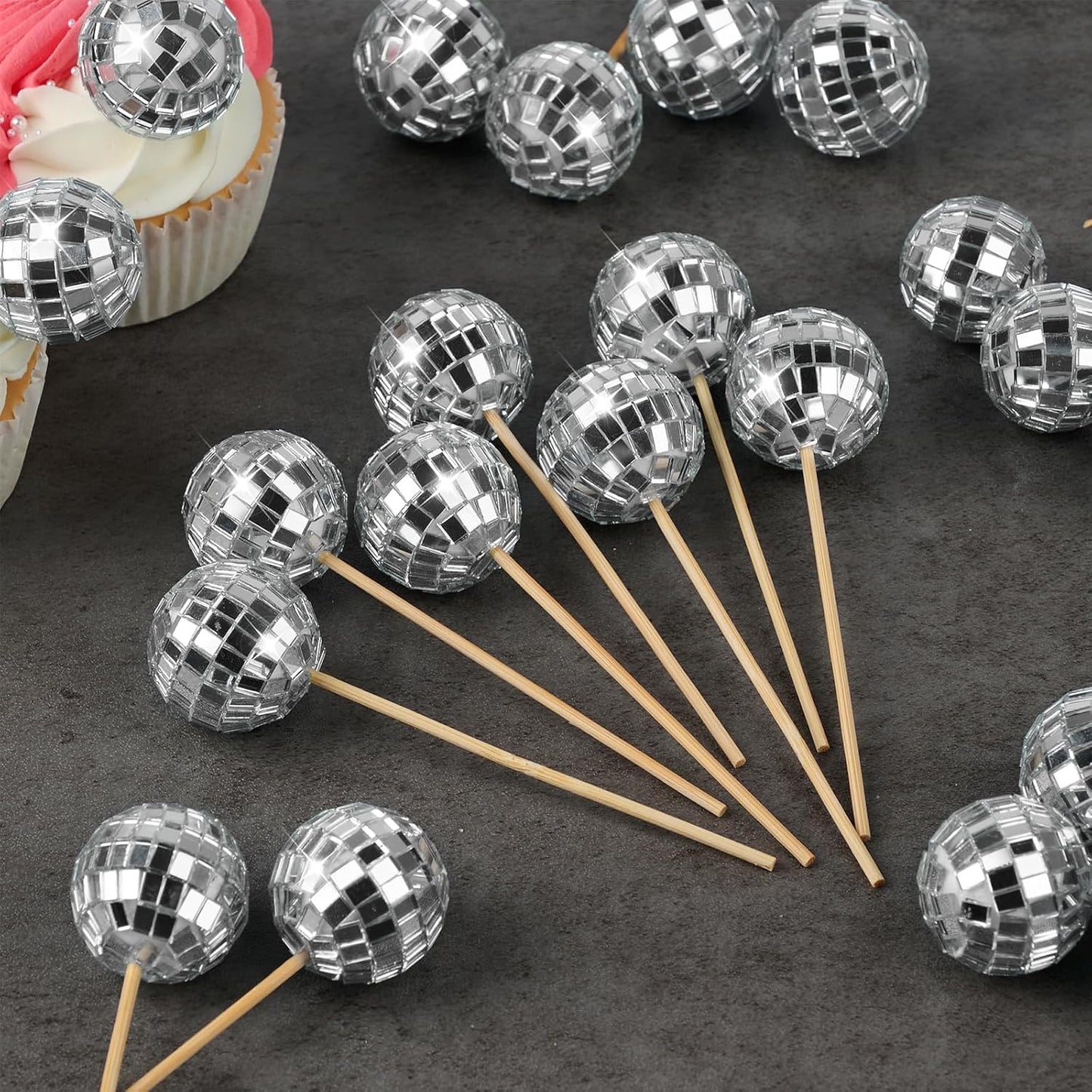 24 Pcs Disco Ball Cupcake Toppers, Mini Disco Ball Cake Picks Birthday Cake Decorations for 1970s Disco Theme Party Favor