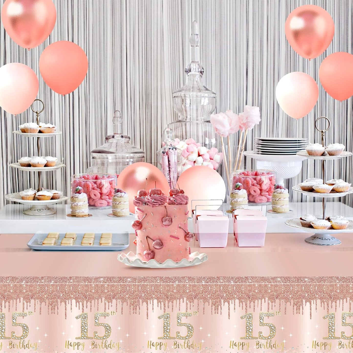 Excelloon 3 Pack Pink Rose Gold Happy 15 Birthday Theme Table Cover Party Supplies, Fifteen Year Old Birthday Plastic Disposable Rectangular Table Cloth Decor