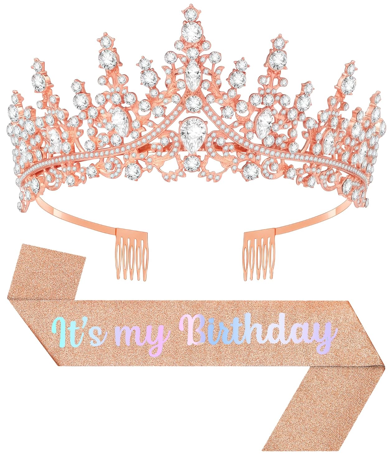 Birthday Tiara and Crown with Sash, Birthday Tiara for Women Party (Rose)