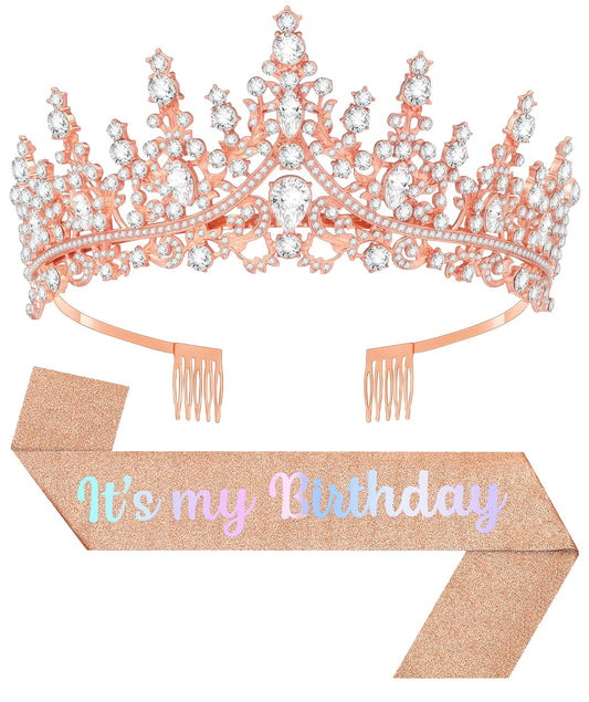 Birthday Tiara and Crown with Sash, Birthday Tiara for Women Party (Rose)