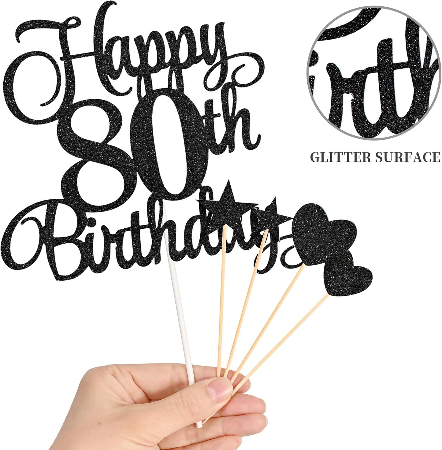 80th Birthday Cake Decorations, 80th Birthday Candles Cake Numeral Candles and Glitter Happy 80th Birthday Cake Toppers Set for Birthday Party Supplies (Black)