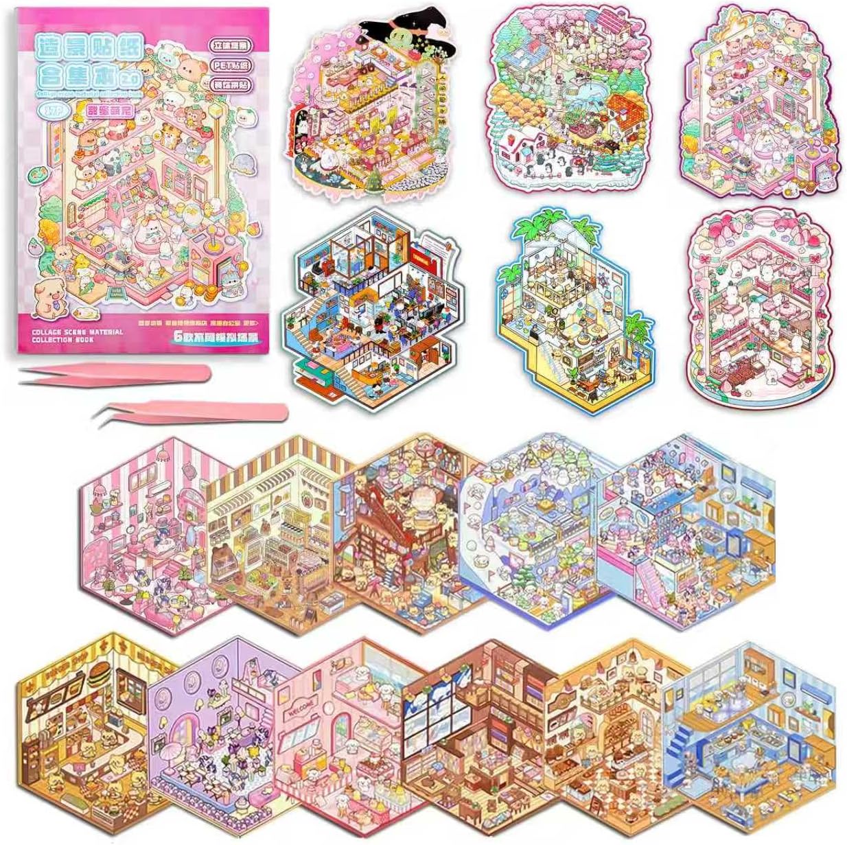 DIY Sticker Scenes for Adults Kids, Sticker Therapy Collection Book Stress Relief Pass The Time,Large Size Make Your Own House Miniature Cute Cartoon Animal Isometric Scene