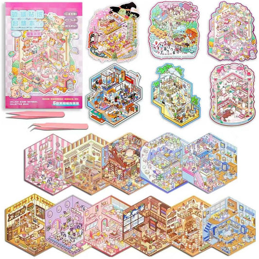 DIY Sticker Scenes for Adults Kids, Sticker Therapy Collection Book Stress Relief Pass The Time,Large Size Make Your Own House Miniature Cute Cartoon Animal Isometric Scene