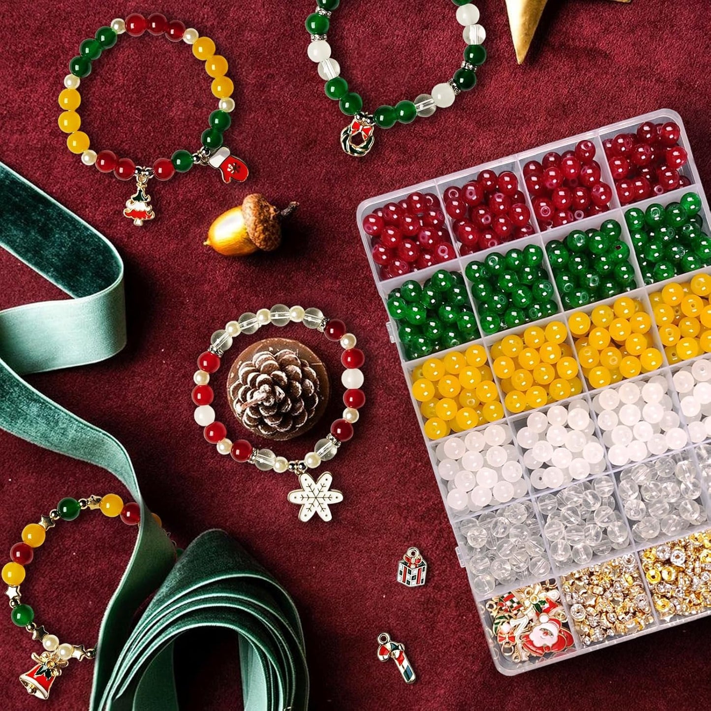 Dayify Christmas Glass Beads for Bracelets Making Kit, 8mm Glass Crystal Beads Christmas Jewelry Making Kit with Charms Pendants, Round Beads & Bead Assortments DIY Crafts