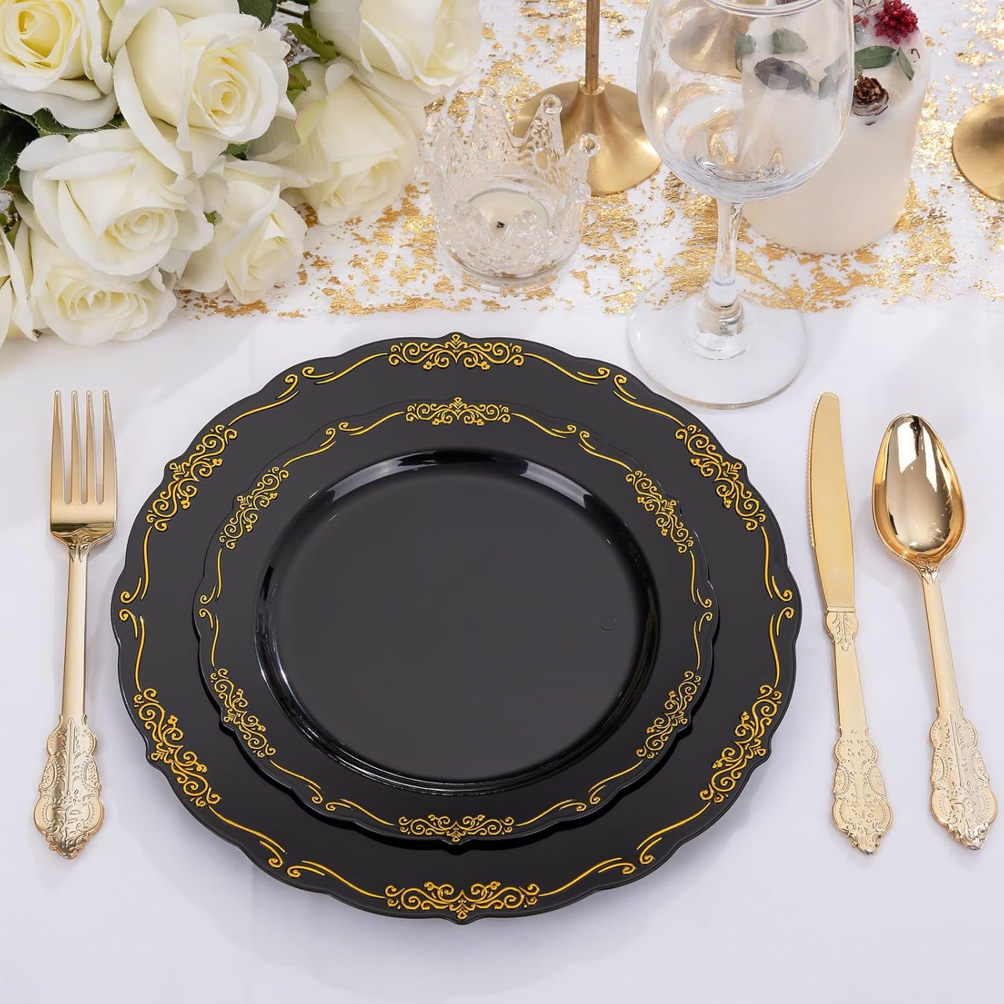 DaYammi 150Pcs Black Gold Plastic Plates & Plastic Silverware,Black Disposable Plates for Party Include 30 Dinner Plate,30 Dessert Plate,30 Knives,30 Forks,30 Spoons,black plates for New Year Wedding