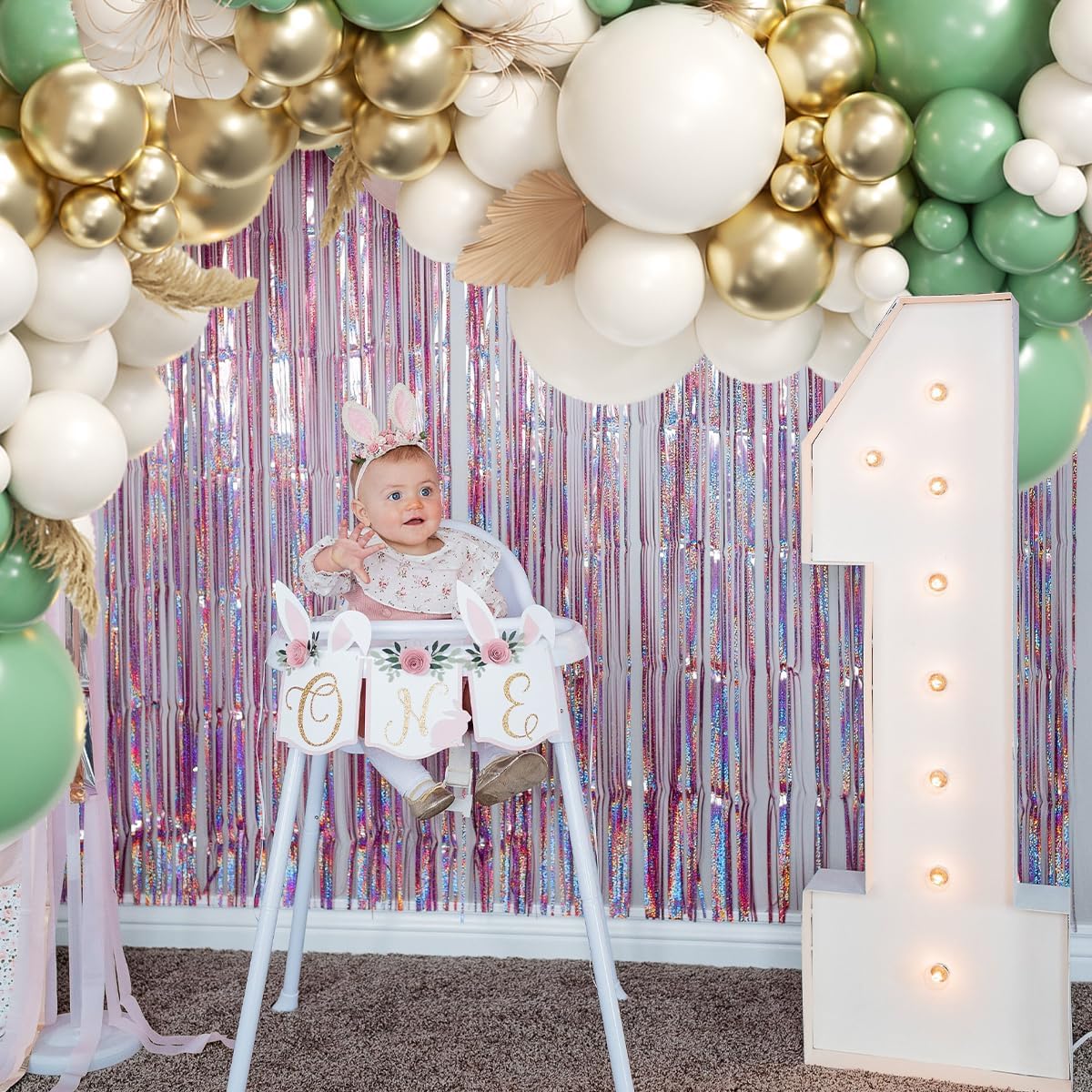 155Pcs Sage Green Arch Kit with Pea Green White Gold Balloons for Baby Shower Bridal Shower Birthday Engagement Wedding Wild One Party Decorations