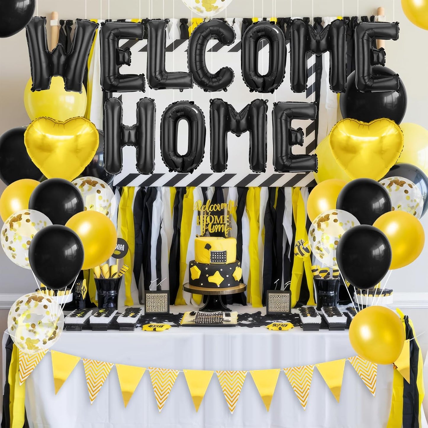 Welcome Home Decorations Black Gold,Welcome Home Foil Balloon Banner with Confetti Balloons,Gold Heart Balloons Pennant Flag Bunting for Housewarming Baby Shower Home Family Party Supplies