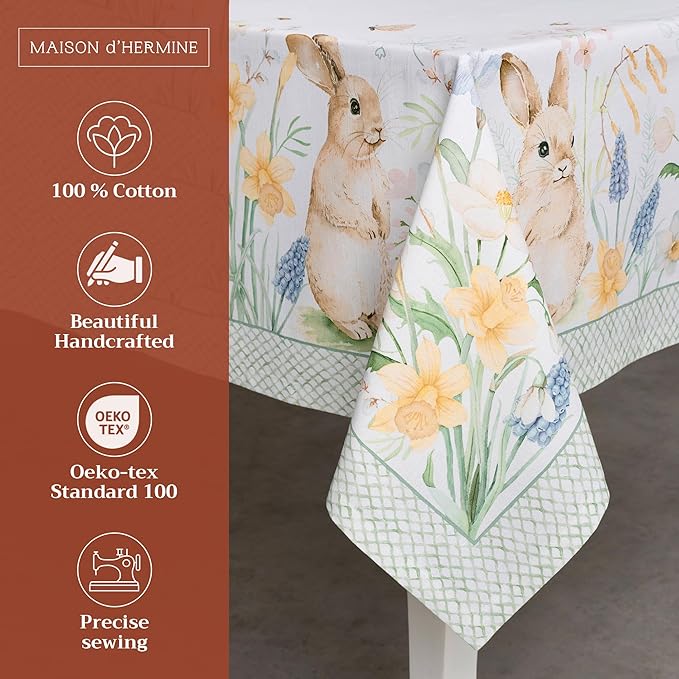 Maison d' Hermine Table Cloth Rectangle Table 100% Cotton 70 x 90 Inches Tablecloth Reusable Decorative for Dining Room Farmhouse Home Valentines Day Decorations Spring Summer - Easter Dew