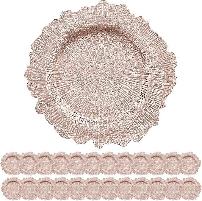 24 Pack Rose Gold Charger Plates Bulk, 13" Plastic Reef Chargers for Dinner Plates, Round Charger Plate with Floral Reef Design for Dinner Wedding Party Table Setting Decoration