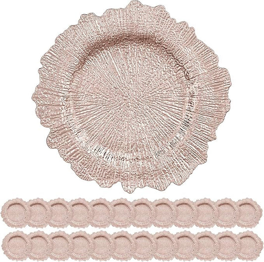 24 Pack Rose Gold Charger Plates Bulk, 13" Plastic Reef Chargers for Dinner Plates, Round Charger Plate with Floral Reef Design for Dinner Wedding Party Table Setting Decoration