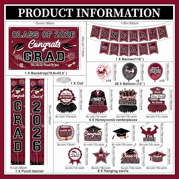 Graduation Decorations Class of 2026 Maroon Graduation Party Decor Set include Congrats Grad Banner Backdrop Class of 2026 Balloons Party Supplies
