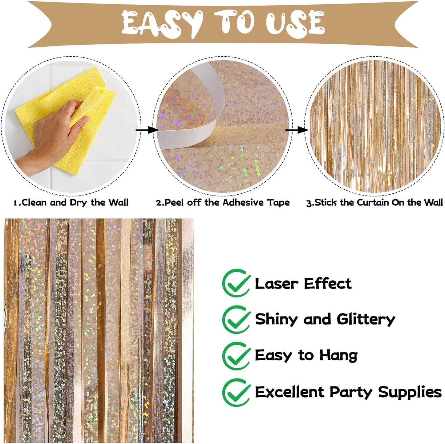 Champagne Tinsel Foil Fringe Curtain, 2 Pack 3.3 x 8.2 Ft Metallic Glitter Curtains Backdrop Streamers, Champagne Backdrop for Birthday Bachelorette Photo Booth Party Decorations