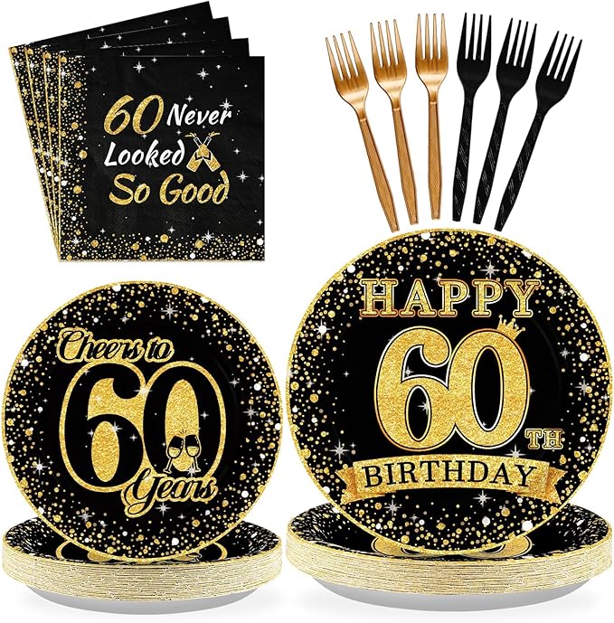 Grencian 96Pcs 60th Birthday Party Decorations Vintage 1965 Birthday Plates and Napkins Black and Gold Tabeware Sets Cheers to 60 Years Decorations for Mens Womens 60 Year Old Party Supplies Serves 24