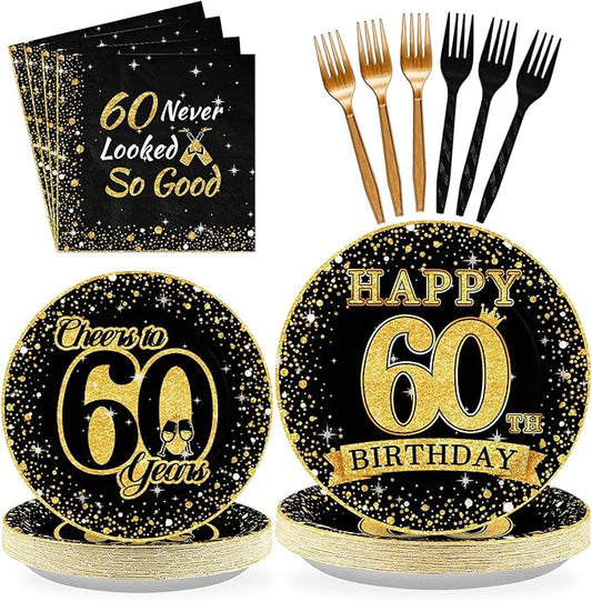 Grencian 96Pcs 60th Birthday Party Decorations Vintage 1965 Birthday Plates and Napkins Black and Gold Tabeware Sets Cheers to 60 Years Decorations for Mens Womens 60 Year Old Party Supplies Serves 24