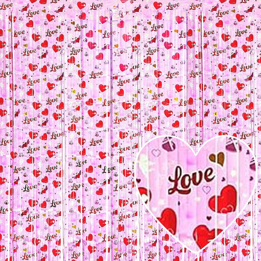 4 Pack Love Pink Fringe Curtain Backdrop 3.2Ft x 8.2Ft Metallic Tinsel Foil Fringe Streamers Background for Photo Booth Mother's Day, Easter, Carnival, Birthday, Wedding Party Decoration