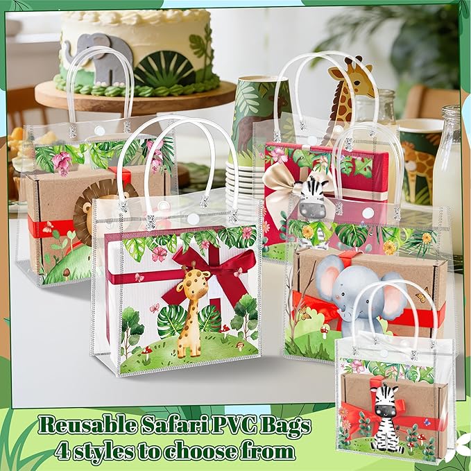 H1vojoxo Jungle Animals Gift Bags - 24PCS Safari Clear PVC Gift Bags Reusable Elephant Zebra Lion Giraffe Cartoon Jungle Animals Party Bag for Kids Birthday Baby Shower Wild One Birthday Decoration