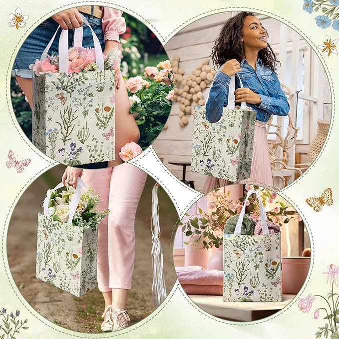 Supervitae 24 Pack Wildflower Theme Gift Bags Medium Goodie Floral Party Favor Bags Vintage Reusable Totes Non Woven Totes for Wedding Birthday Baby Shower Family Holiday Travel(9.8" x 7.9" x 3.9")