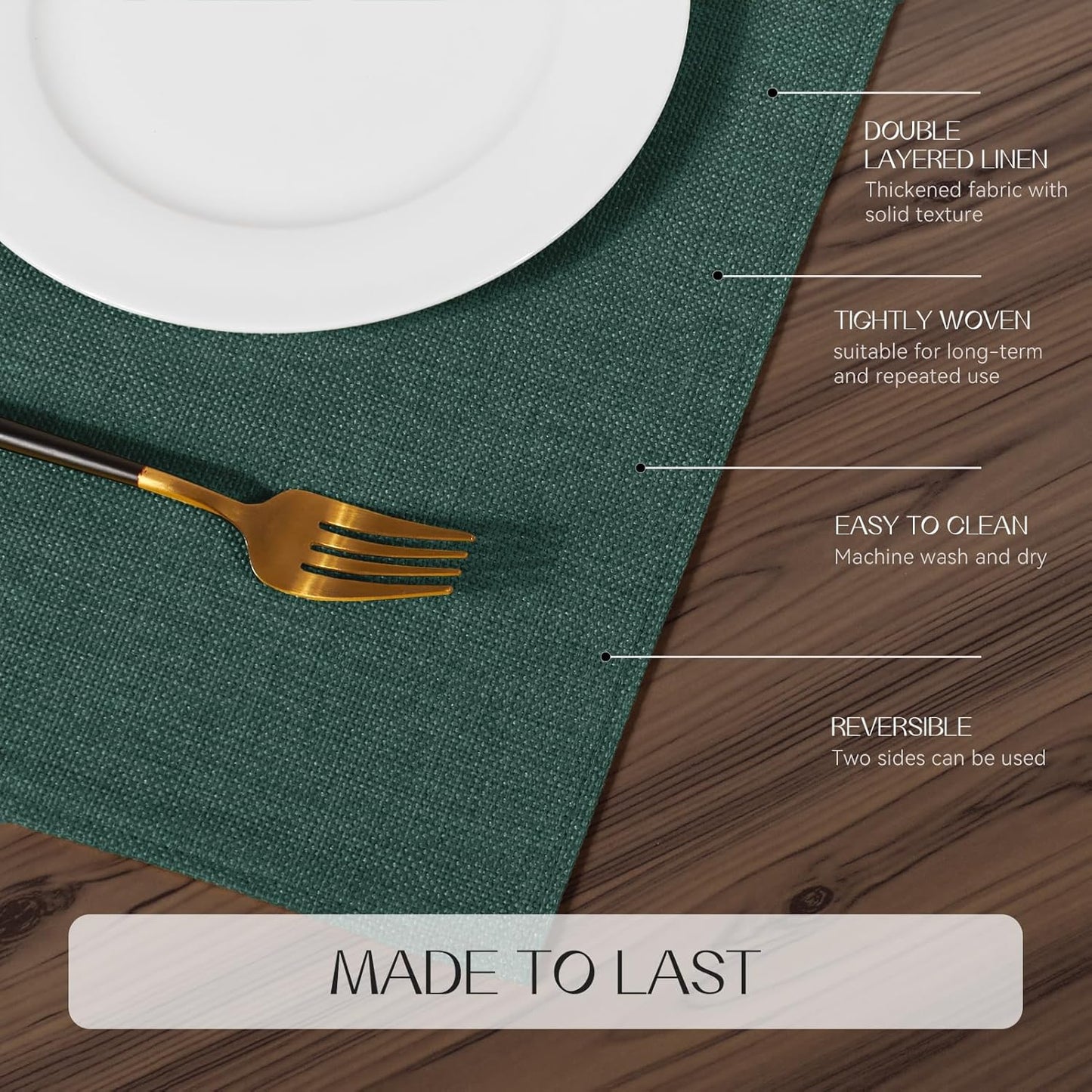 Romanstile Cloth Placemats Set of 6-12 x 18 Inch, Heat Resistant Double Layered Thickened Burlap Christmas Place Mats, Washable Linen Farmhouse Table Mats for Kitchen/Dining/Party/Outdoor, Green