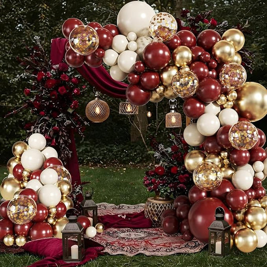 Burgundy Balloon Arch Garland Kit, 140Pcs Burgundy Maroon Gold Sand White Confetti Balloons With Stars for Birthday Christmas Birdal Shower Graduation Party Decorations