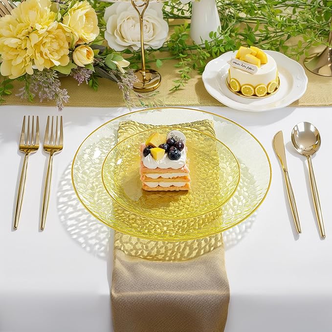 Rubtlamp 60Pcs Yellow Gold Plastic Plates, Yellow Disposable Plates With Gold Rim, Clear Heavy-duty Party Supplies, Hammered Plastic Plates Include 30 Dessert Platos, 30 Dinner Platos for Easter