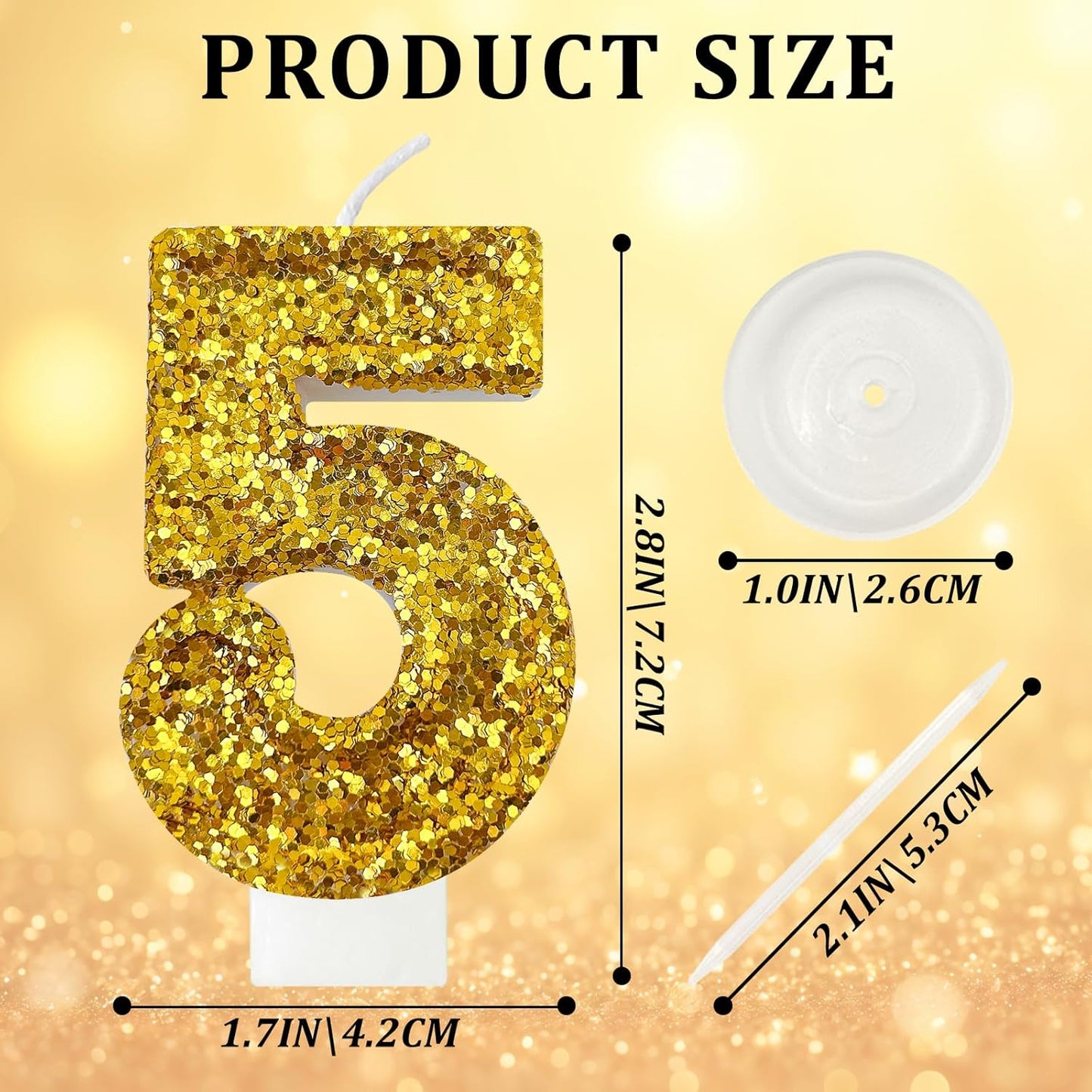 Birthday Number Candles, Glitter Number Candle Cake Decorations with Sequins, Cupcake Decorations for Girls, Women, Party Anniversary Celebrations (Number 5, Golden)