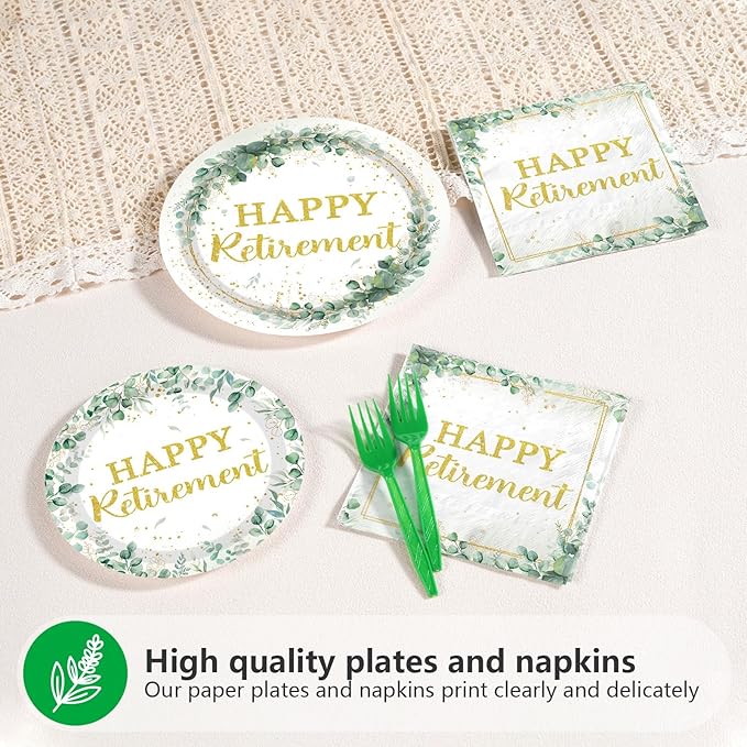 Grencian 200Pcs Sage Green Retirement Party Decorations Greenery Happy Retirement Plates and Napkins Gold Green Retire Tableware Set for Women Men Teachers Goodbye Going Away Party Supplies Serves 50