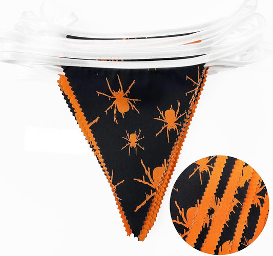 32Ft Orange Black Halloween Party Decorations Spider Skull Bats Fabric Pennant Banner Triangle Flag Bunting Garland Streamers for Halloween Trick or Treat Birthday Wedding Home Outdoor Party Supplies