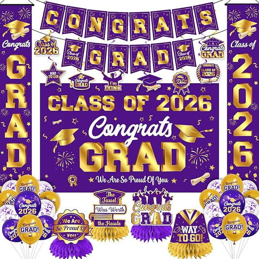 Graduation Decorations Class of 2026 Purple and Gold Graduation Party Decor Set include Congrats Grad Banner Backdrop Class of 2026 Balloons Party Supplies