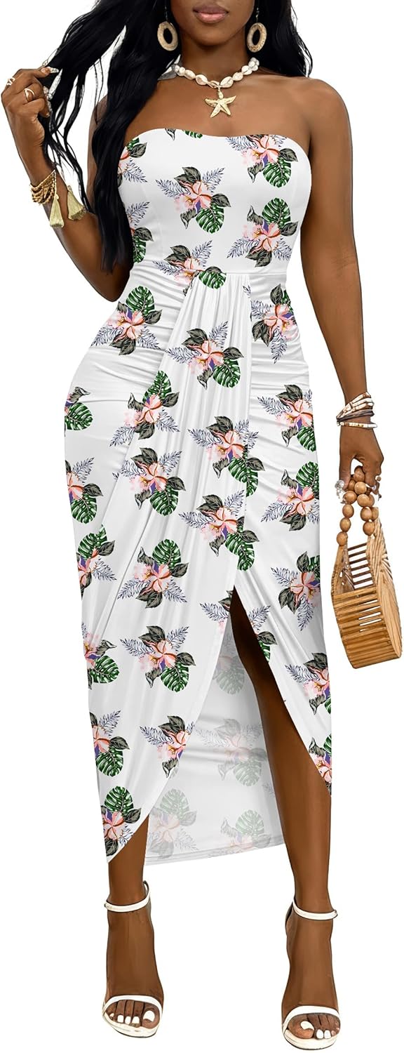 Umenlele Women's Strapless Ruched High Waist Wrap Split Asymmetrical Beach Maxi Long Dress