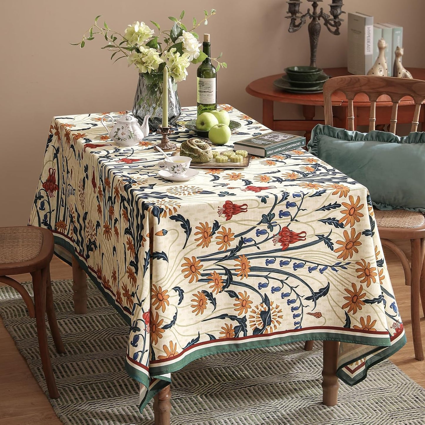 French Vintage Small Rectangular Tablecloth,Linen Tablecloth with Gold and Red Floral Pattern,Decorative Table Cover for Kitchen,Dining,Thanksgiving,Christmas,Party,55"*71"-Tijuana
