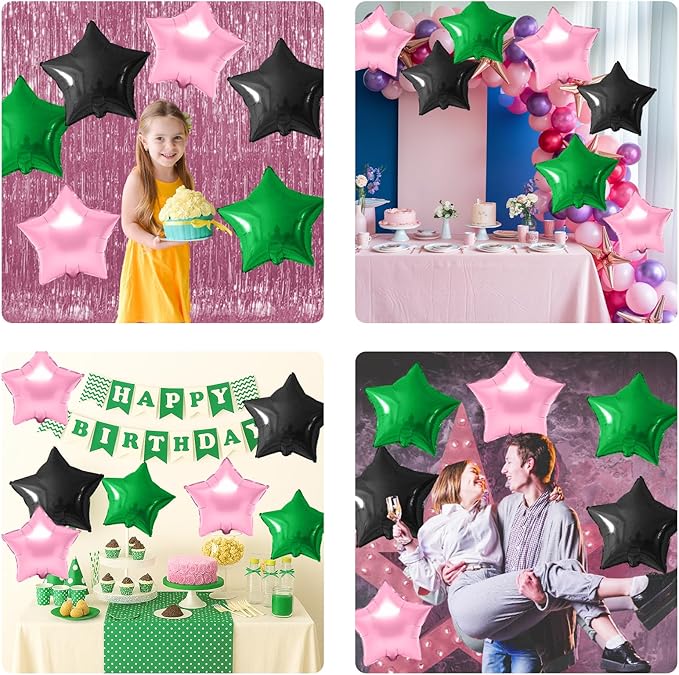 Pink Green Black Star Foil Balloon, 10PCS Halloween Foil Stars Shape Balloons, 18 Inch Large Metallic Stars Balloons Pentagram Balloon for Birthday, Princess, Baby Shower, Witch Party Decorations