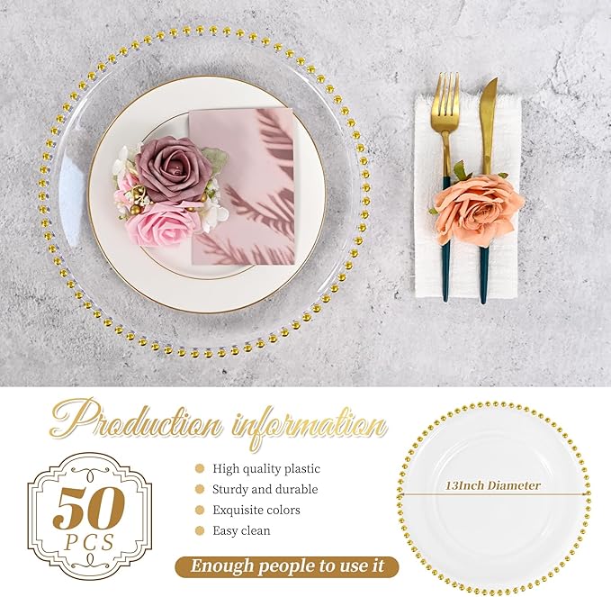 50 PCS Clear Round Charger Plates with Beaded Rim, 13 Inch Plastic Acrylic Plate, Plastic Round Beaded Dinner Decorative Service Plates for Wedding Party Event, Home Kitchen Tabletop(Gold)