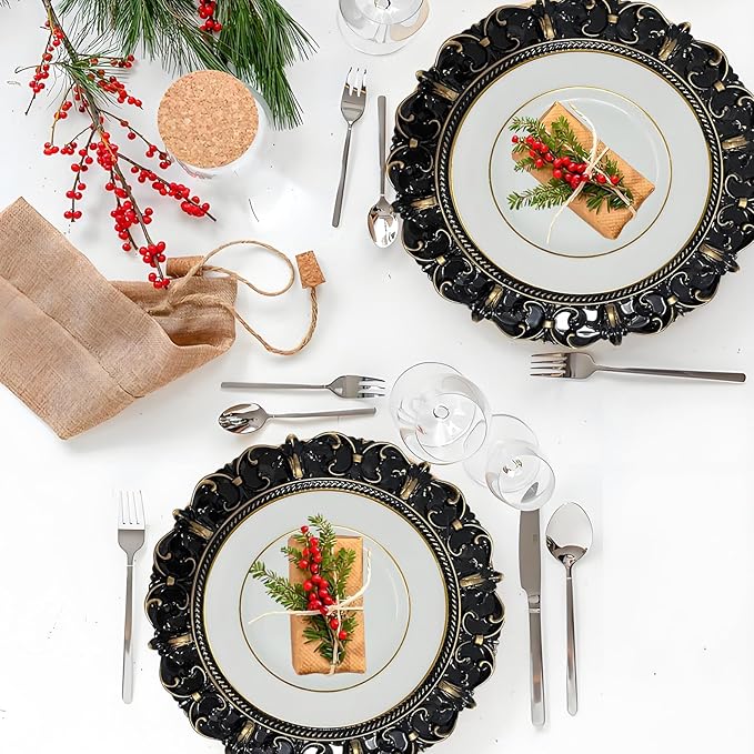 6 Pack Black Charger Plates 13" Round Charger Plates for Dinning Plates with Embossed Rim Plastic Charger for Dinner, Wedding, Elegant Tableware Decor