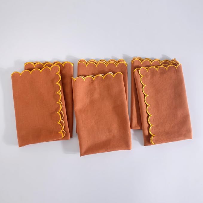 FINGERCRAFT Cloth Napkins, Everyday Use Reversible Scallop Design, Premium Quality Cotton Linen Blend Napkin Set of 6 Perfect for Parties Dinners Weddings Christmas Napkin Cloth 20x20 Inch Rust