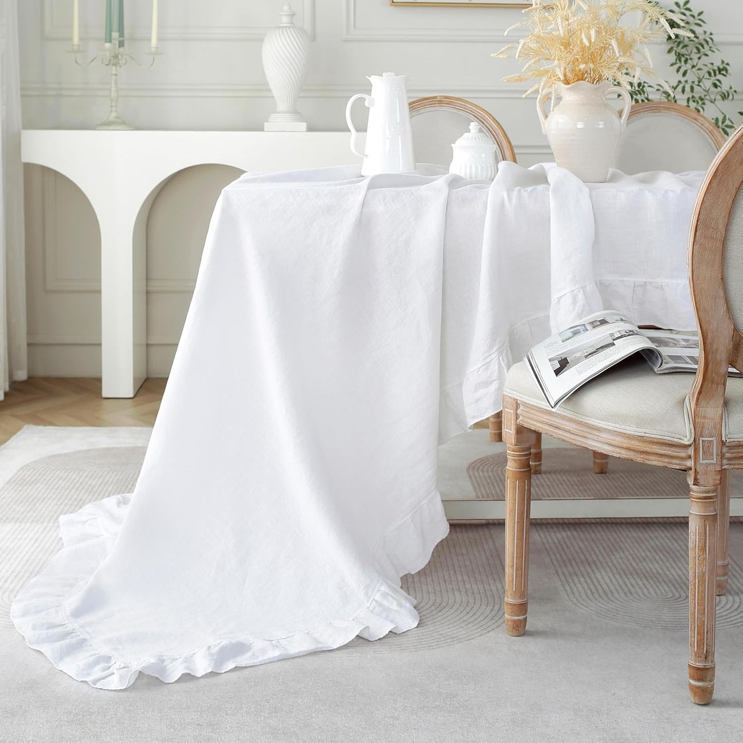 Linen World Ruffle Linen Tablecloth,100% French Linen White Tablecloth 132" x 90" Inch,Washable Rectangular Tablecloth for Dining,Outdoor,Weddings and Restaurants,Decorative Thanksgiving Christmas