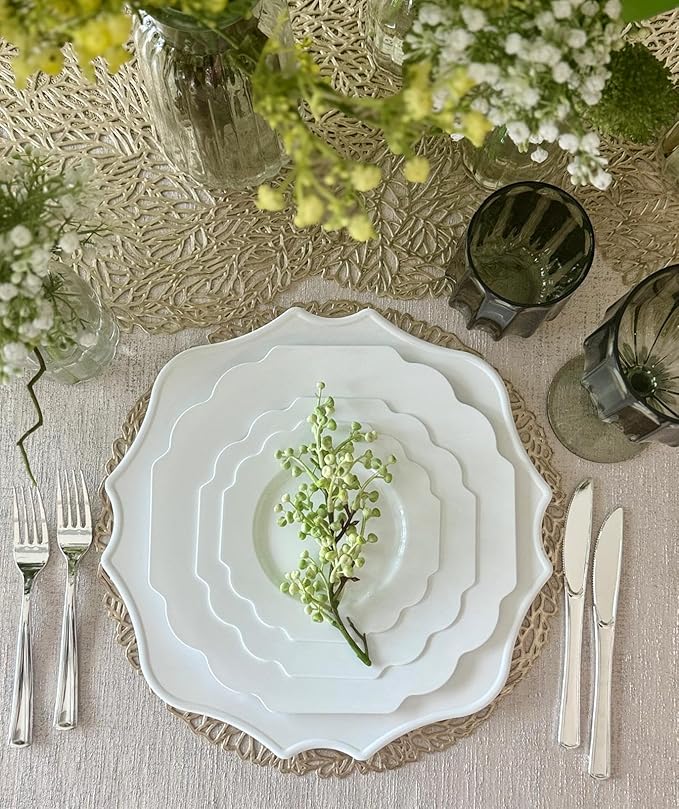 " OCCASIONS " 20 Pieces 13.25'' Scalloped Disposable/Reusable Plastic Charger Plates for Wedding, (Scalloped Imperial Plain White)