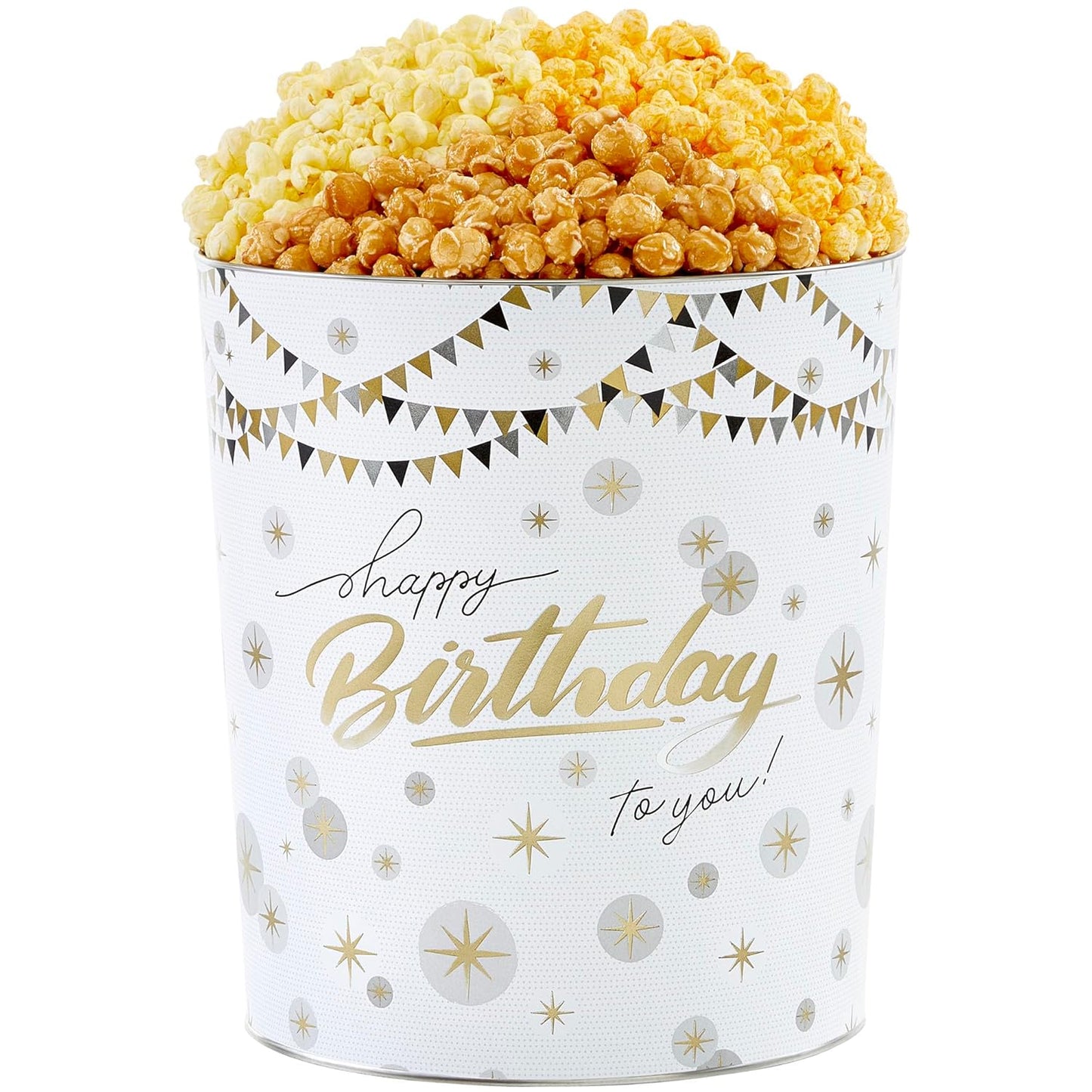 The Popcorn Factory Popcorn Gift Tin, Happy Birthday Celebration, 3.5 Gallons (Robust Cheddar, Butter, Caramel)