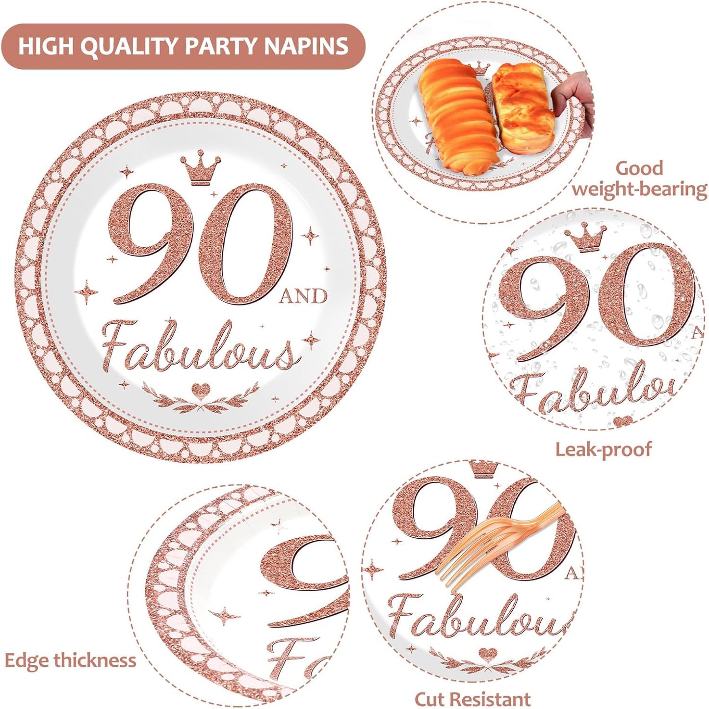 50 Guests 90th Birthday Rose Gold Party Supplies 90 Fabulous Plates Napkins Rose Gold Women Birthday Party Decorations Disposable Paper Tableware Set Cheers to 90 Years Table Decors Dinnerware 200PCS