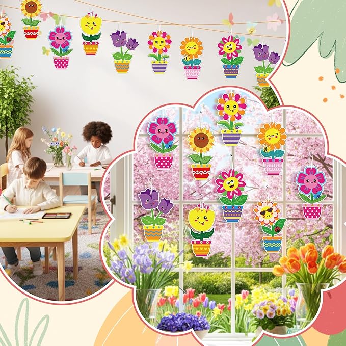 Frienda 48 Set Spring Flower Craft Kit for Kids Make Your Own Flowers Pot Craft DIY Floral Paper Flowers Hanging Ornament Decorations for Mother's Day Spring Gifts Classroom Birthday Party Favors