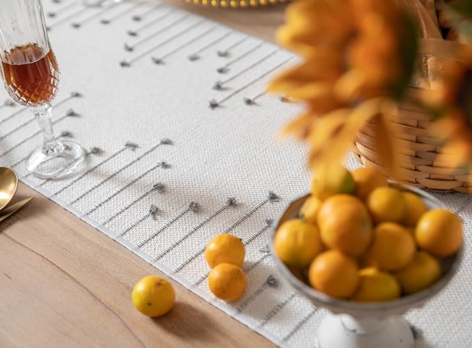 Boho Table Runner 13 x 72 Inch Long Natural Cotton Woven Runner with Tassels for Home Dining Table décor, for Modern Farmhouse Decor Coffee Table Runner, Grey and Beige