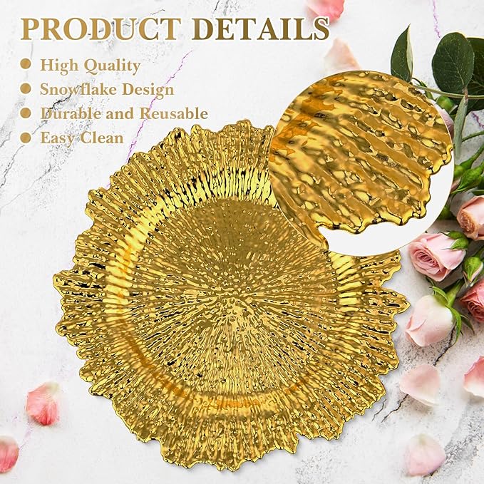 32 Pack Charger Plates Set Reef Chargers for Dinner Table Serving Tray Floral Plastic Decorative Plates for Table Setting Wedding Party, 13 Inch(Gold)