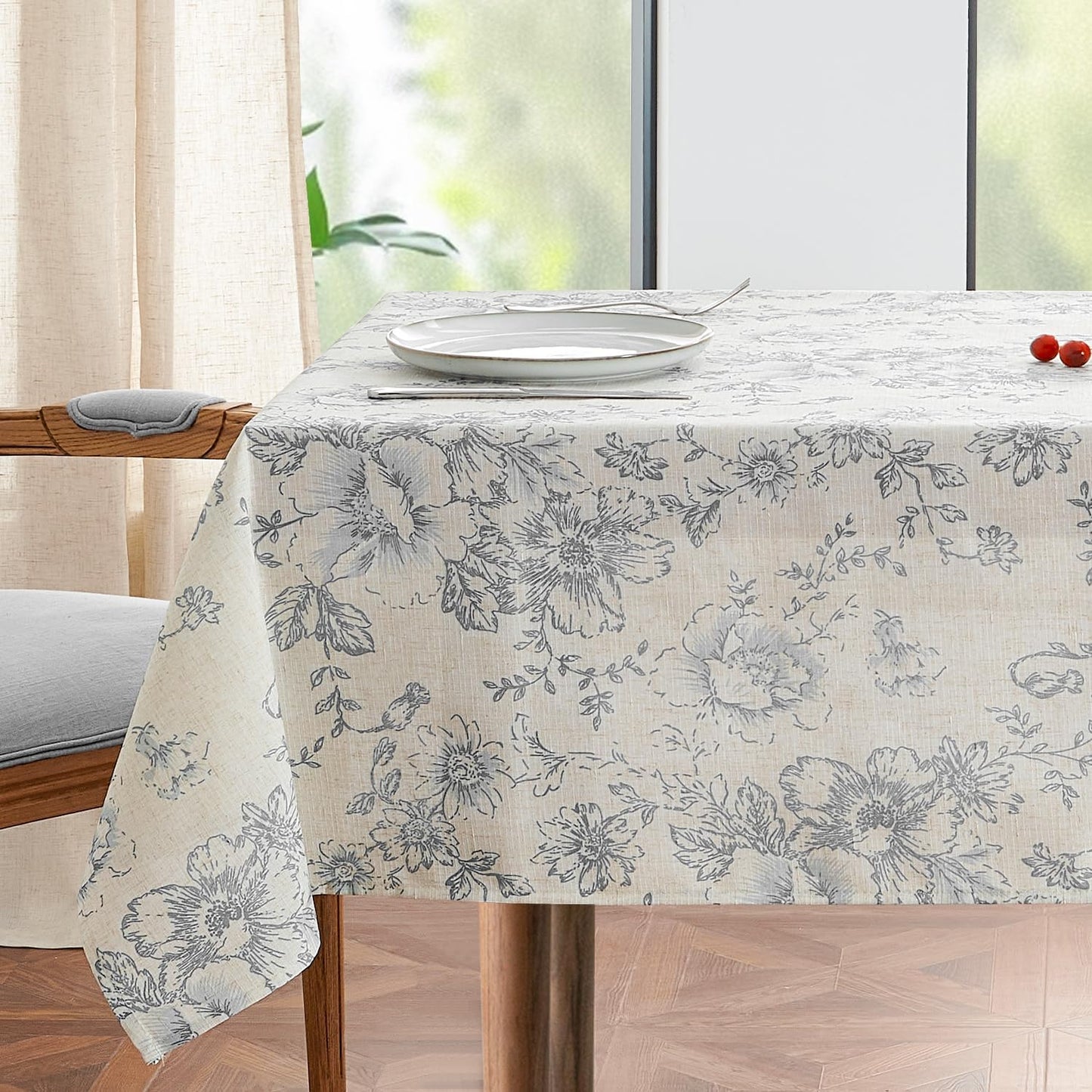 jinchan Linen Table Cloth 52 x 52 Inch with Gray Flower Print Farmhouse Beige Linen Blend Cloth for Square Dining Table Washable Cottage Table Cover Home Decor 1 Panel Floral Grey on Beige