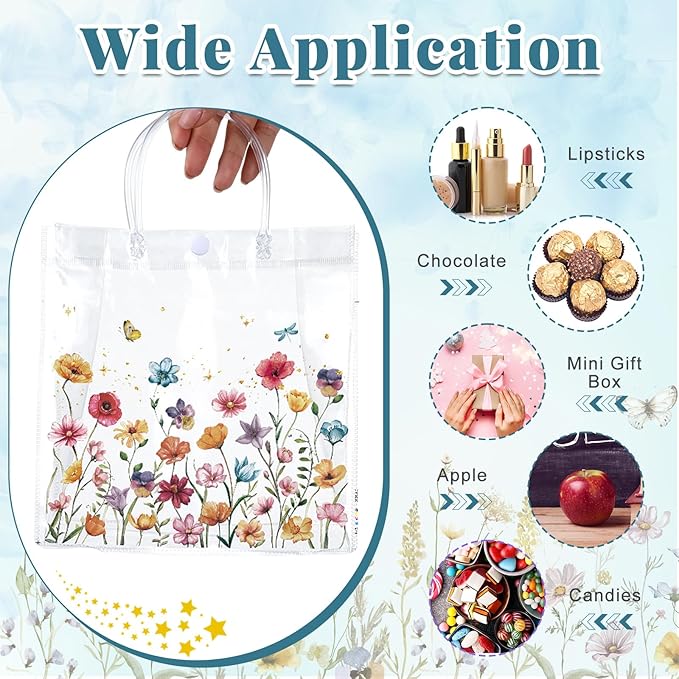 Kacctyen 24 Pcs Wildflower Party Favor Wildflower Clear PVC Gift Bags for Wedding Birthday Baby Shower Butterfly Flower Printed Treat Bags with Handles Return Gift Wrap Totes for Guests