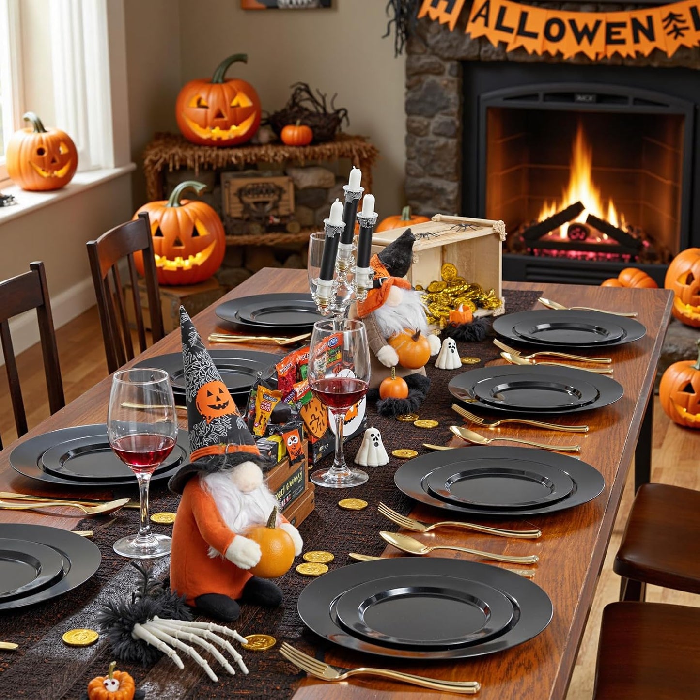 FLOWERCAT 200PCS Black Plastic Disposable Plates for Party - Black Plastic Plates - Serve for 100 Guests for Halloween Parties and Birthday Events