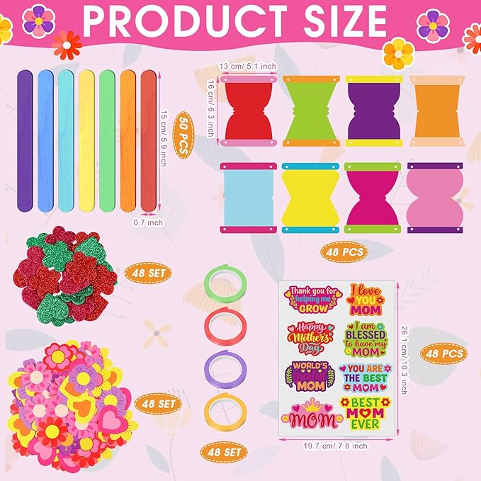Frienda 48 Set Mother Day Crafts for Kids Happy Mother's Day Flower Pot for Mom Make Your Own Flowers Pot Craft DIY Floral Paper for Classroom Activities Mothers Gifts Spring Party Favors