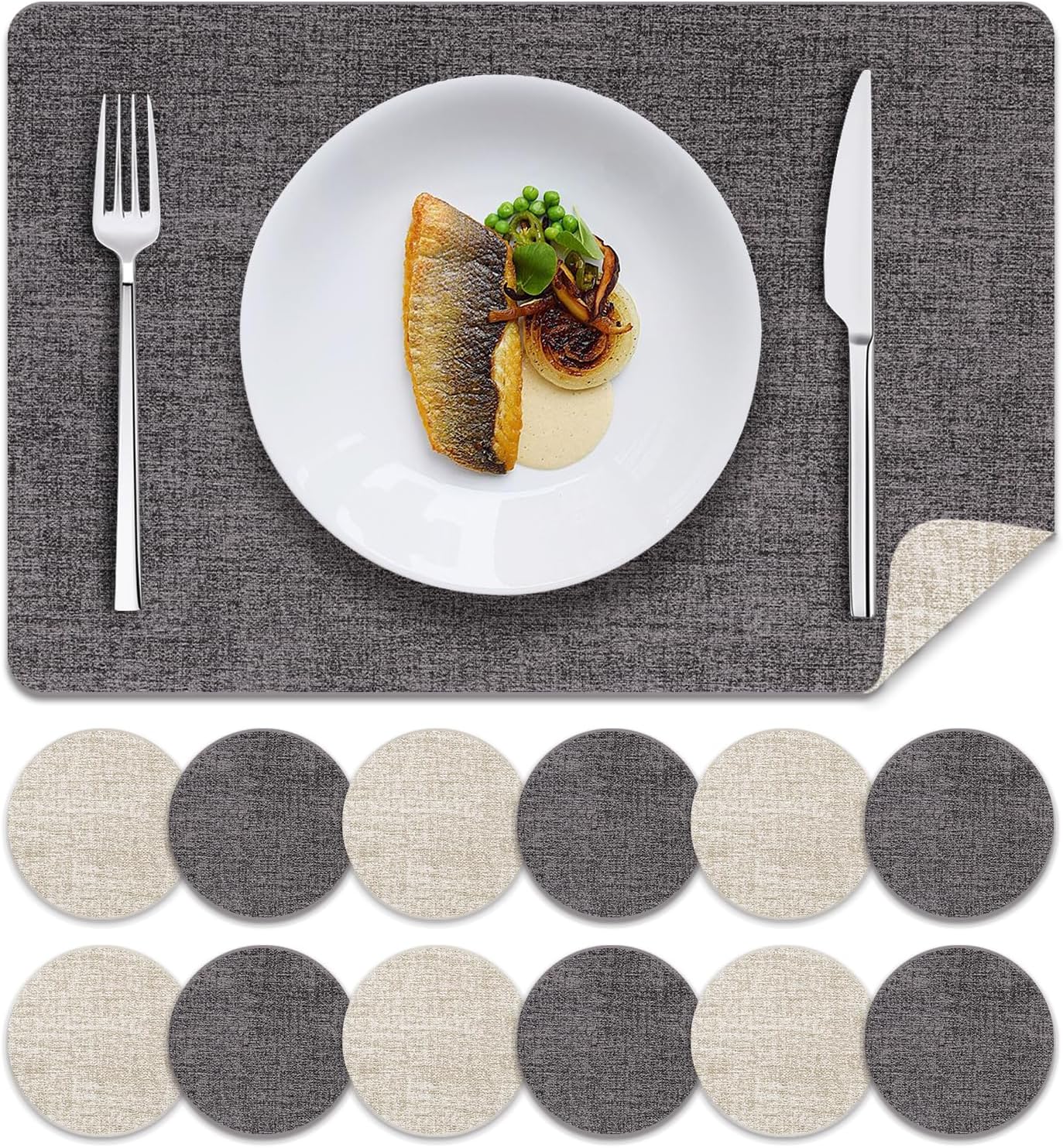 MOSAYT Faux Leather Placemats Set of 12, Heat Resistant Vinyl Place Mats with Coasters, Wipeable Washable 100% Waterproof Oil Proof Table Mats for Kitchen Dining Indoor Outdoor, 12" x 18", Grey Beige