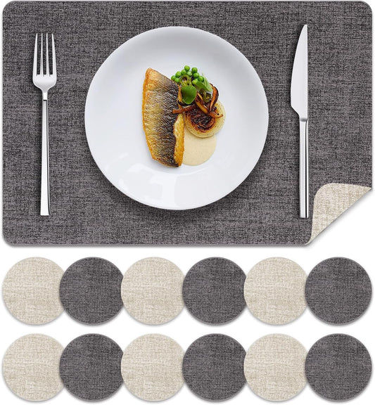 MOSAYT Faux Leather Placemats Set of 12, Heat Resistant Vinyl Place Mats with Coasters, Wipeable Washable 100% Waterproof Oil Proof Table Mats for Kitchen Dining Indoor Outdoor, 12" x 18", Grey Beige