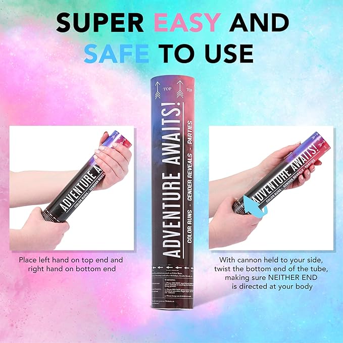 Adventure Awaits! - BABY GENDER REVEAL - 4-Pack Hand Held Air Filled Party Popper - 3 options: 4 Blue or 4 Pink or 2 Red/2 Blue - Check our store for other Color Run Festival colors! (4 Baby Blue)